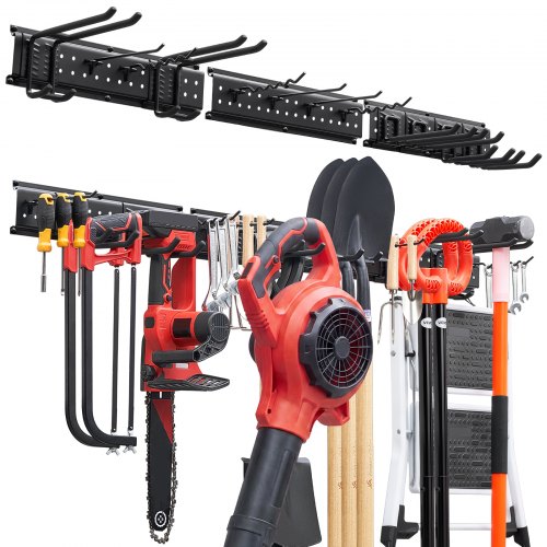 VEVOR Organizador de Herramientas de Pared Capacidad de 272 kg en Total, Acero al Carbono, Estante de Almacenamiento de Pared con 12 Ganchos Ajustables y 3 Rieles, para Cobertizo Garaje Jardín Taller