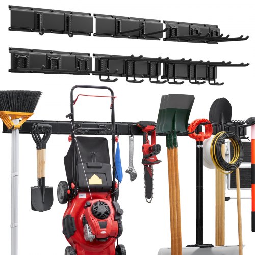 VEVOR Organizador de Herramientas de Pared Capacidad de 544 kg en Total, Acero al Carbono, Estante de Almacenamiento de Pared con 6 Rieles y 16 Ganchos Ajustables, para Garaje Taller Jardín Cobertizo