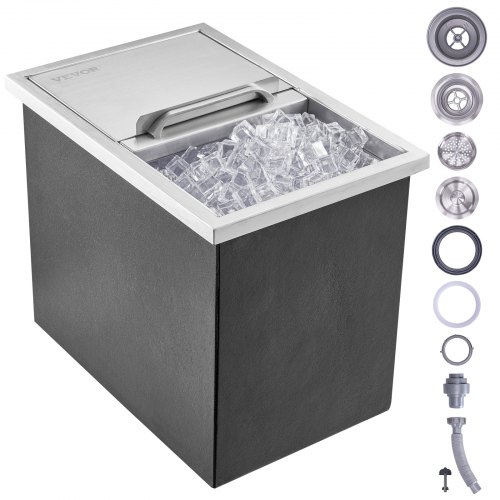 VEVOR Bandeja de Hielo Empotrada 26,7 L 456x304x371 mm Caja de Hielo Aislada con Tapa de Acero Inoxidable Conservador de Cubitos de Hielo para Bebidas Cervezas Frías Cocina al Aire Libre Bar Hogar