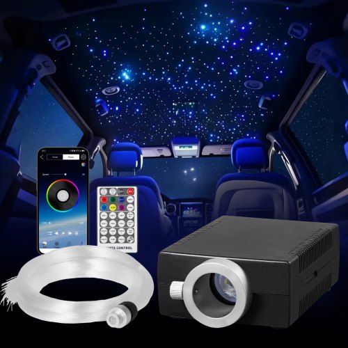 

VEVOR Kit de Luces de Estrella de Fibra Óptica, 150 PCS 0,76 mm 1,98 m Luces de Techo de Fibra Óptica con Aplicación Bluetooth, Control Remoto, Activación por Sonido, Motor de Luz RGBW para Coche