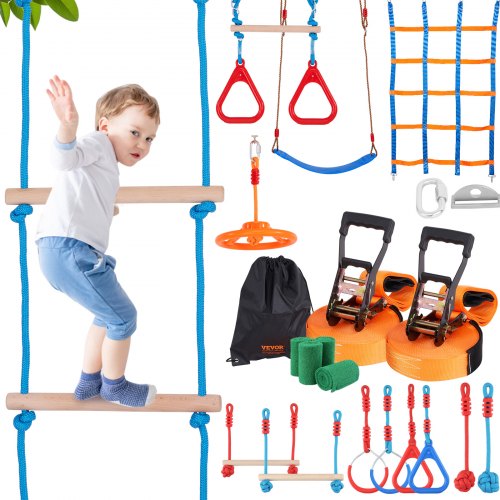 

VEVOR Ninja Course para niños Slackline y kit de carrera de obstáculos 2x60 pies de carga 500 lbs 14 obstáculos Equipo de juego al aire libre con red de escalada Monkey Bar para patio trasero jardín
