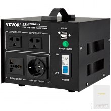 VEVOR Transformador Elevador/Reductor de Voltaje de 1600VA, Convertidor Reductor 110-120/220-240V, Convertidor de Transformador 10A para la Mayoría de los Enchufes, con 5V de USB, 19 x 23 x 16 cm