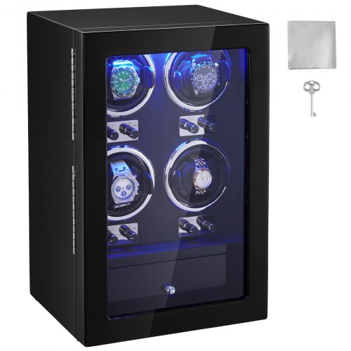 

VEVOR Caja enrolladora automática para relojes con capacidad para 4 relojes automáticos con 4 motores silenciosos japoneses Mabuchi 5 modos de cuerda en panel de alta densidad y LED acrílico azul