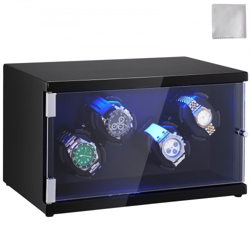 

VEVOR Caja enrolladora automática para relojes con capacidad para 4 relojes automáticos con 2 motores silenciosos japoneses Mabuchi 5 modos de cuerda en panel de alta densidad y LED acrílico azul