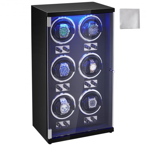 

VEVOR Caja enrolladora automática para relojes con capacidad para 6 relojes automáticos con 6 motores silenciosos japoneses Mabuchi 5 modos de cuerda en panel de alta densidad y LED acrílico azul