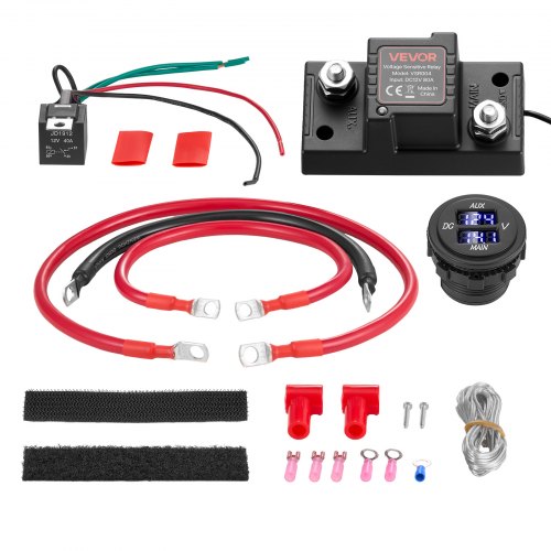 VEVOR Kit de Relé Aislador de Batería Dual, Relé Sensible al Voltaje VSR de 12V 80A 0,6m 13.3 mm² (6 AWG) con Voltímetro y Pantalla LCD, Compatible con Baterías de Plomo-Ácido, para UTV y ATV, 85 x 43 x 37 mm