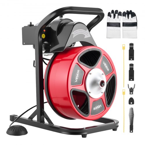 VEVOR Desatascador Eléctrico de Tuberías 15 m x 13 mm con Alimentación Manual por Cable de Acero, con 4 Cabezales para Fregadero WC, Pedal Neumático y Alcantarillado para Tuberías de 50 mm a 150 mm
