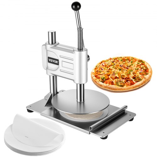 

VEVOR Prensa Manual para Masa de Pizza, Placa de 24 cm, Prensa de Pan de Acero Inoxidable, para Hacer Chapatis, Formadora con Asa y 100 Hojas de Papel Pergamino, 400 x 245 x 360 mm, Color Plata