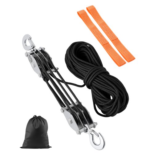 VEVOR Polipasto de Polea de Cuerda de 30,48 m Resistencia a la Rotura de 2 T con Potencia de Elevación de 5:1 con 2 Bucles Suaves y Ruedas de Metal, Bloque y Aparejo para Levantar Objetos Pesados