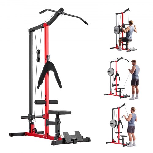 VEVOR Máquina de Polea Dorsal 3 en 1, Máquina Polea Alta y Baja con Barra, Asiento Ajustable en 3 Niveles, Rodillo de Espuma Ajustable en 4 Niveles, Carga de 181 kg para Dorsal, Pecho, Tríceps