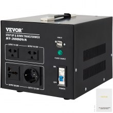 VEVOR Transformador Elevador/Reductor de Voltaje de 3000VA, Convertidor Reductor 110-120/220-240V, Convertidor de Transformador 15A para la Mayoría de los Enchufes, con 5V de USB, 22 x 26 x 21 cm