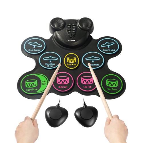 

VEVOR Batería Eléctrica 9 Pads, Almohadilla de Práctica de Batería Enrollable con Conector para Auriculares, Pedales Dobles, Baquetas, Altavoces Duales Integrados, MIDI, para Niños Mayores de 3 Años