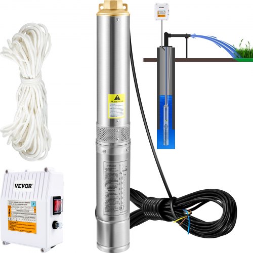 

VEVOR Bomba de Pozo Profundo Motor de 1100W Bomba Sumergible para Pozo 230V 50Hz Bomba de Agua Sumergible para Pozos Flujo Máximo de 190 L/min con Caja de Control Externa para Tierras de Cultivo Minas