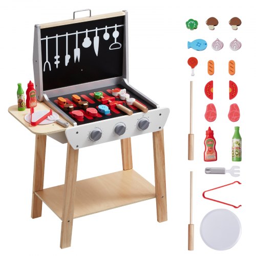 

VEVOR - Parrilla de madera para jugar, juego de parrilla para niños con comida de juguete y herramientas para asar, accesorio de cocina de madera para jugar con comida (21 piezas), juguete de cocina para niños pequeños, niñas de 3 años en adelante, regalo