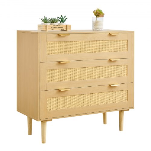 

VEVOR Cómoda de Ratán con 3 Cajones, Tiradores y Patas Metálicas, Amplio Espacio de Almacenamiento, Mueble Moderno para Dormitorio, Salón o Recibidor, 800 x 350 x 770 mm, Color Madera Natural