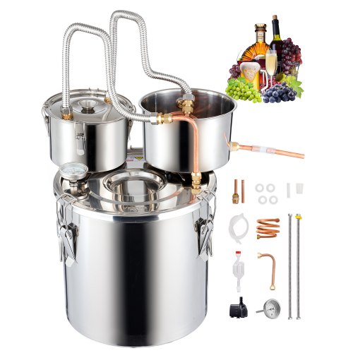

VEVOR Destilador de Alcohol, de Acero Inoxidable 19 L, con Bobina de Cobre, Kit de Destilador de Condensador Doble con Destilación Secundaria, para Vino, Whisky, Brandy, Plata, Φ 300 x 410 mm