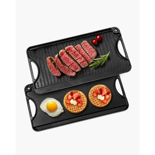 VEVOR Plancha Reversible de Hierro Fundido(492 x 218 mm), Sartén Rectangular Portátil con Asa, Utensilios de Cocina Familiares para Parrillas Interiores y Exteriores, Fácil de Limpiar, Negro
