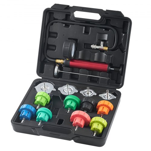 

VEVOR 14 PCS Kit de Probador de Presión de Refrigerante de Radiador Universal con Adaptadores de Bomba Manual, Tapas, Caja de Herramientas de Prueba Codificada por Colores para automóvil, motocicleta