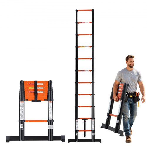 VEVOR Escalera Telescópica Plegable 150 kg de Aluminio Extensible a 3,2 m, con Barra de 805 mm, Retracción con un Botón, Peldaños Antideslizantes y Bloqueo Integrado para Pintura, Ventanas y Camping