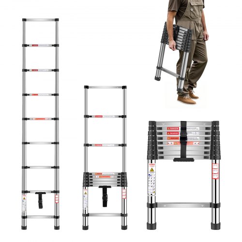 

VEVOR Escalera Telescópica Extensible Ligera de Acero Inoxidable, con Retracción de Múltiples Botones, Carga 150 kg y Pies Antideslizantes, 9 Escalones para el Hogar, RV, Loft, 460 x 60 x 2540 mm