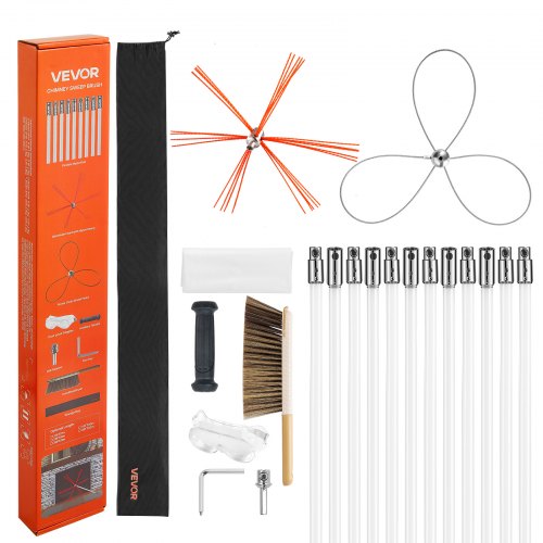

VEVOR Kit de Cepillo Limpieza de Chimenea, 2 Cabezales, 12 m Varilla Flexible de Nylon, Gafas, Bolsa, Deshollinador Durable Resistente Flexible a 90° para Chimeneas Cuadradas Rectangulares y Arqueadas