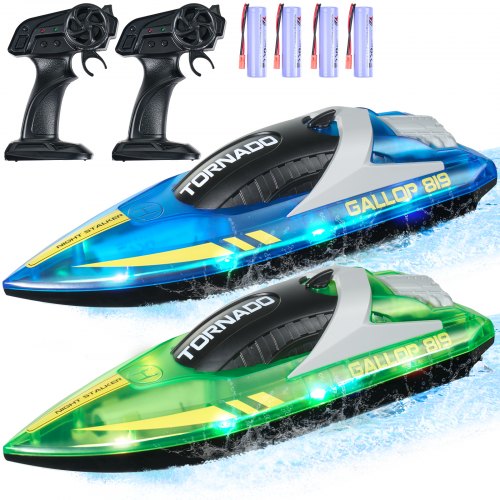 

VEVOR RC Boat, paquete de 2, 2,4 GHz, 12 km/h, barco de control remoto para piscinas y lagos, barco de carreras con luz LED, 4 baterías recargables, resistente al agua, regalo para adultos, niños y niñas, azul y verde