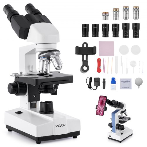 

VEVOR Microscopio Compuesto con Aumento de 40-5000X Kit de Microscopio Binocular Cuerpo de Aleación de Aluminio 2 Juegos de Oculares, Luz LED, Soporte para Teléfono, para Estudiantes, Laboratorio