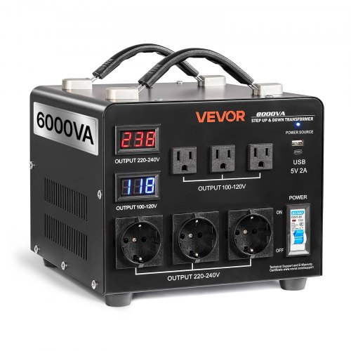 

VEVOR Convertidor de Voltaje, 6000 VA, Transformador Elevador/Reductor Automático, de 110 V a 220 V y de 220 V a 110 V, con 3 Tomas de Corriente de EE. UU. y 3 de UE, Pantalla LCD y Disyuntor