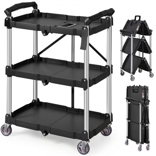VEVOR Carro de Servicio 65x39x83 cm Carro de Transporte Utilitario Plegable 3 Estantes Capacidad Total 74,8 kg? 25 kg?/Estante Ruedas Giratorias (2 con Frenos) para Garaje Herramientas Almacén Oficina