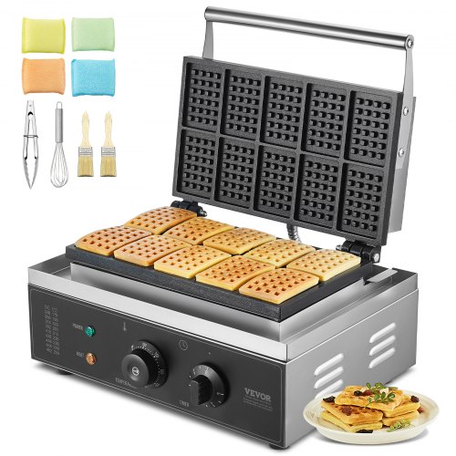 

VEVOR 1550 W 10 PCS Máquina para Hacer Gofres Comerciales Máquina para Hacer Gofres Rectangulares Plancha para Gofres Belgas de Acero Inoxidable Antiadherente con Control de Temperatura y Tiempo, Asa