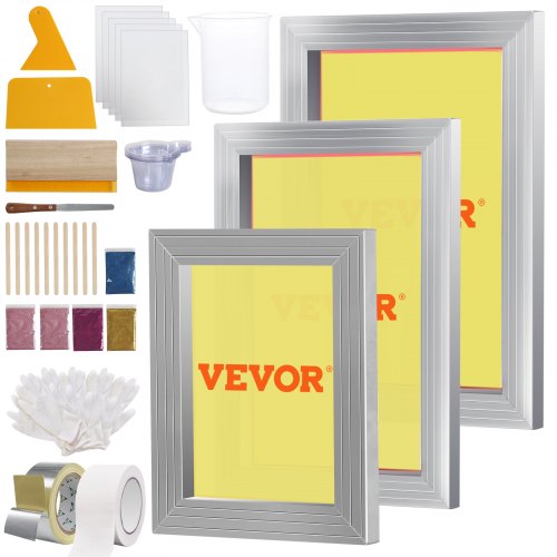 

VEVOR Kit de Serigrafía, 3 Marcos de Serigrafía de Aluminio 25,4x35,6cm/20,3x30,48cm/15,2x25,4cm Malla 110, 5 Lentejuelas y Rasquetas de Serigrafía y Películas Transparentes para Camisetas, Impresión