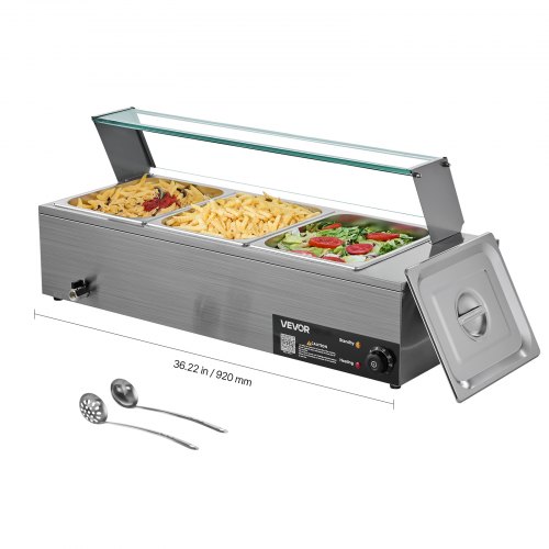 

VEVOR Calentador de Alimentos Eléctrico de Acero Inoxidable de 1500 W con Vapor y Cubierta de Vidrio, 3 Bandejas para Buffet de Encimera, Baño María con Cucharones, para Catering, Restaurantes