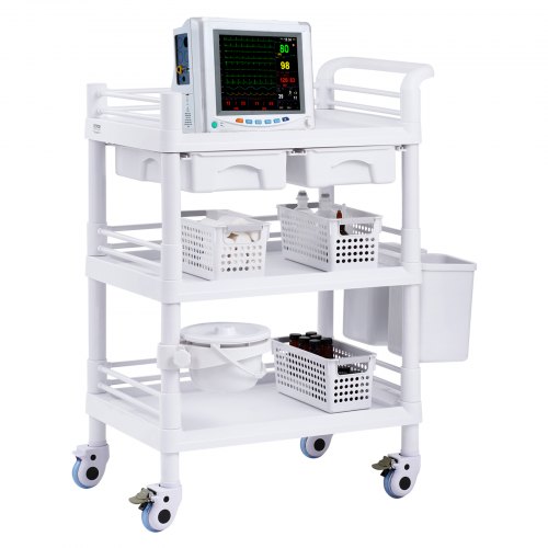 

VEVOR - Carros de laboratorio de 3 niveles, carro utilitario de laboratorio con 3 bandejas y 4 ruedas silenciosas, carro médico móvil con material PP, carro rodante de laboratorio con 3 botes de basura para laboratorio, clínica, hospital, salón, color bla