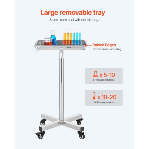 

VEVOR Carro de Laboratorio de Acero Inoxidable Carga de 16 kg Asistente Silencioso Altura Ajustable 84-132,5 cm Bandeja Médica Extraíble para Almacenamiento de Equipos, Clínica, Salón de Belleza