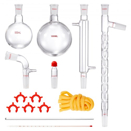 

VEVOR Kit de destilación de laboratorio, kit de destilación de vidrio de laboratorio 3,3 Boro con 24 y 40 compuestos, juego de equipos de destilación de aceites esenciales de 1000 ml, 14 piezas