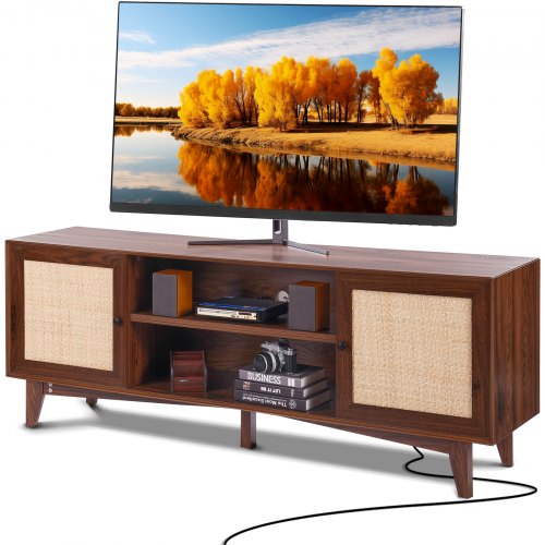 

VEVOR Soporte de TV de ratán para TV de 75 pulgadas, soporte de TV bohemio con puerta de ratán, centro de entretenimiento con enchufe incorporado, gabinete de almacenamiento con 2 estantes, consola de TV moderna para sala de estar, sala multimedia, nogal