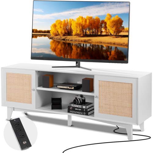 

VEVOR Soporte de TV de ratán para TV de 75 pulgadas, soporte de TV Boho con puerta de ratán, centro de entretenimiento con enchufe incorporado, gabinete de almacenamiento con 2 estantes, consola de TV moderna para sala de estar, sala multimedia, blanco