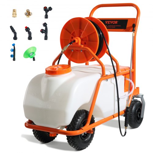 

VEVOR Pulverizador de Césped con Ruedas, Presión Ajustable 0-90 PSI, Pulverizador con Tanque de 60 L con 8 Boquillas, 2 Varitas, Tapa de Boca Ancha para Jardín, Desmalezado, Pulverización