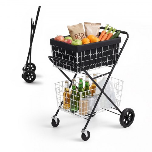 VEVOR Carrito de la Compra Plegable 40 kg con 4 Ruedas y Doble Cesta Grande, Mango Antideslizante, Forro Oxford 600D con PVC y Almacenamiento Compacto para Supermercado y Cargas Grandes, Color Negro