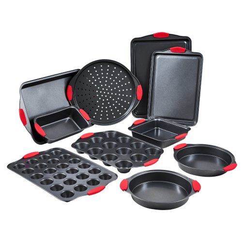 

VEVOR Juego de Sartenes para Hornear, 10 Piezas, Bandejas y Hojas de Acero al Carbono Antiadherentes, Utensilios de Cocina Apilables para Horno con Asas de Silicona, Fáciles de Limpiar, Negro