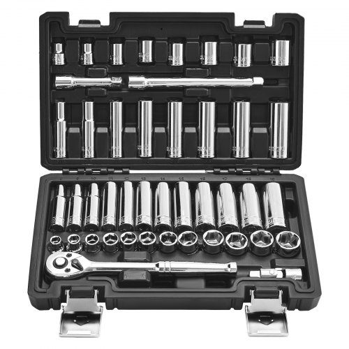 

VEVOR Juego de 44 Vasos y Trinquete de 9,5 mm, SAE y Métricos, Profundos y Poco Profundos, con Estuche de Almacenamiento de Accesorios, Acero de Aleación CR-V, para Reparación de Automóviles