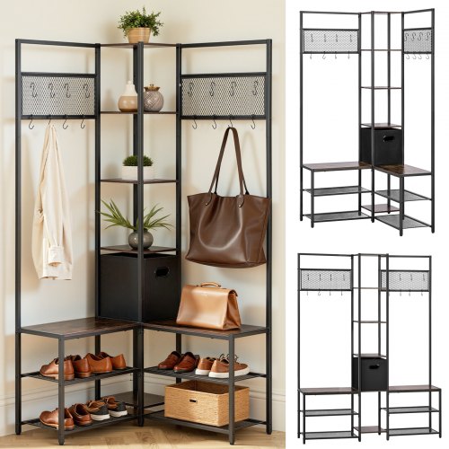 

VEVOR Perchero de Esquina 180 cm, Organizador de Ropa con Ganchos Banco Zapatero y Estantes para Abrigos Bolsos Calzado, Armario Abierto para Entrada Pasillos Dormitorio Salón, Marrón Rústico y Negro