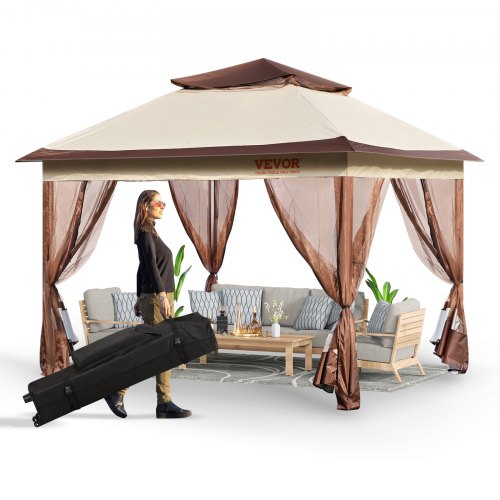 

VEVOR Gazebo de Jardín 334x334 cm Cenador de Patio con Mosquitera Emergente para 8-10 Personas con Estructura de Metal, Lona Oxford 250D Revestida de PU, Refugio Exterior para Césped, Patio Trasero