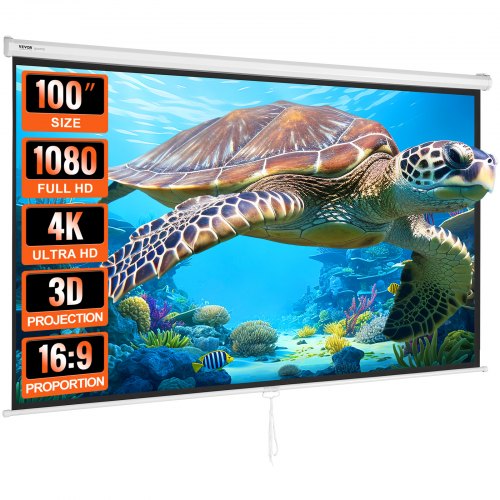VEVOR Pantalla de Proyección Enrollable Manual 100 pulgadas 16:9 HD 4K Pantalla de Proyector Antiarrugas Amplio Ángulo de Visión Montaje en pared Imagen Detallada para Cine Fiesta en Casa Interior