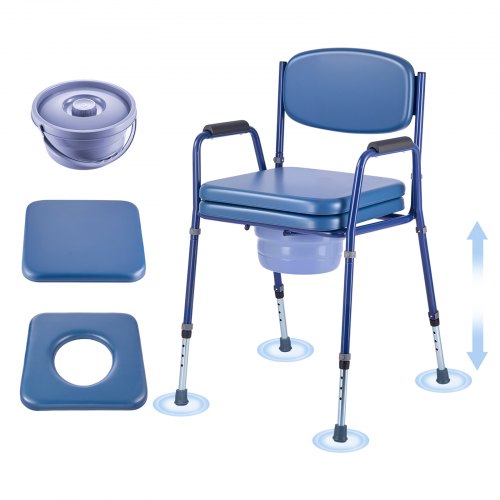 

VEVOR Silla con Inodoro Portátil 3 en 1, Capacidad de 181 kg, con Asiento y Respaldo Acolchados, Cubo Desmontable de 5 L, Altura Ajustable, para Adultos Mayores, 530-550 x 565 x 815-915 mm, Azul