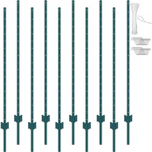 VEVOR Postes de Cerca de Metal 152,4 cm Postes de Cerca de Acero al Carbono Resistentes 10 Piezas Postes de Metal para jardín, Césped, Granjas, Cercas al Aire Libre, Huertos, Carreteras, Verde