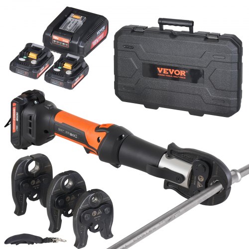 

VEVOR Kit de Herramientas para Engarzar Tuberías Eléctricas con 2 Baterías de 18 V 2,0 Ah, Engarzadora Profesional con Mandíbulas V15, V22, V28, Cargador Rápido y Estuche de Transporte 360°