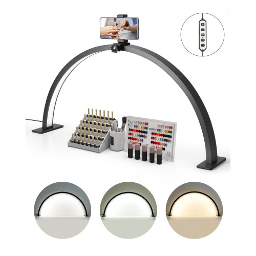 

VEVOR Lámpara Arqueada de Escritorio para Uñas, 30 W Lámpara LED en Forma de Media Luna con Soporte para Teléfono, Brillo y Temperatura de Color Ajustables, para Belleza, Extensiones de Pestañas