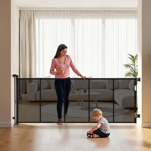 VEVOR Puerta Retráctil 3250x790 mm, Barrera de Seguridad para Perros, Puerta de Malla Transpirable Permite el Paso sin Tropiezos, para Escaleras Interiores, Puertas, Pasillos, Salas de Juegos, Negro