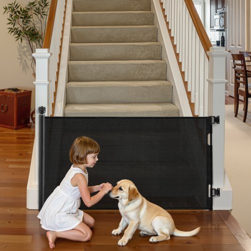 

VEVOR Puerta Retráctil 2020x1045 mm, Barrera de Seguridad para Perros con Cierre, Puerta de Malla Permite el Paso sin Tropiezos, para Escaleras Interiores, Puertas, Pasillos, Salas de Juegos, Negro